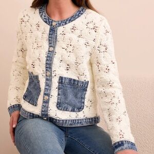 Elegant Mix Media Crocheted Jacket with Denim Details Size L  Button Down